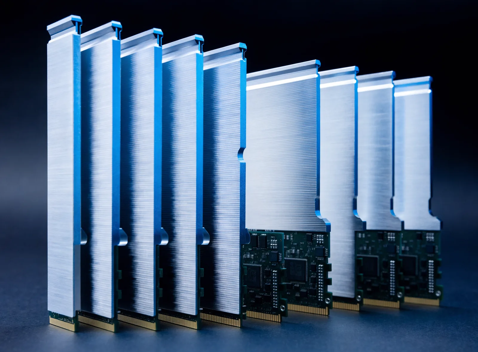 Row of DDR4 and DDR5 server memory modules with gold contacts standing upright on a dark surface