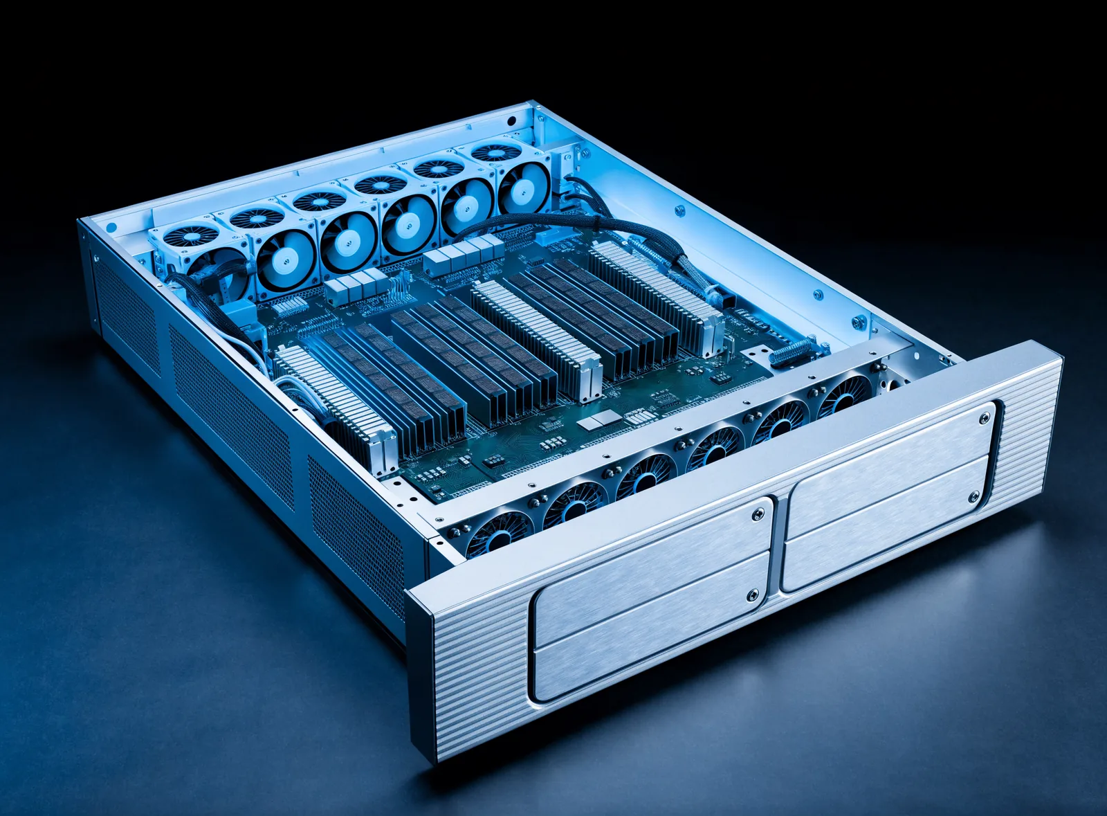 Open 2U rackmount enterprise server showing motherboard, memory banks, heatsinks and cooling fans