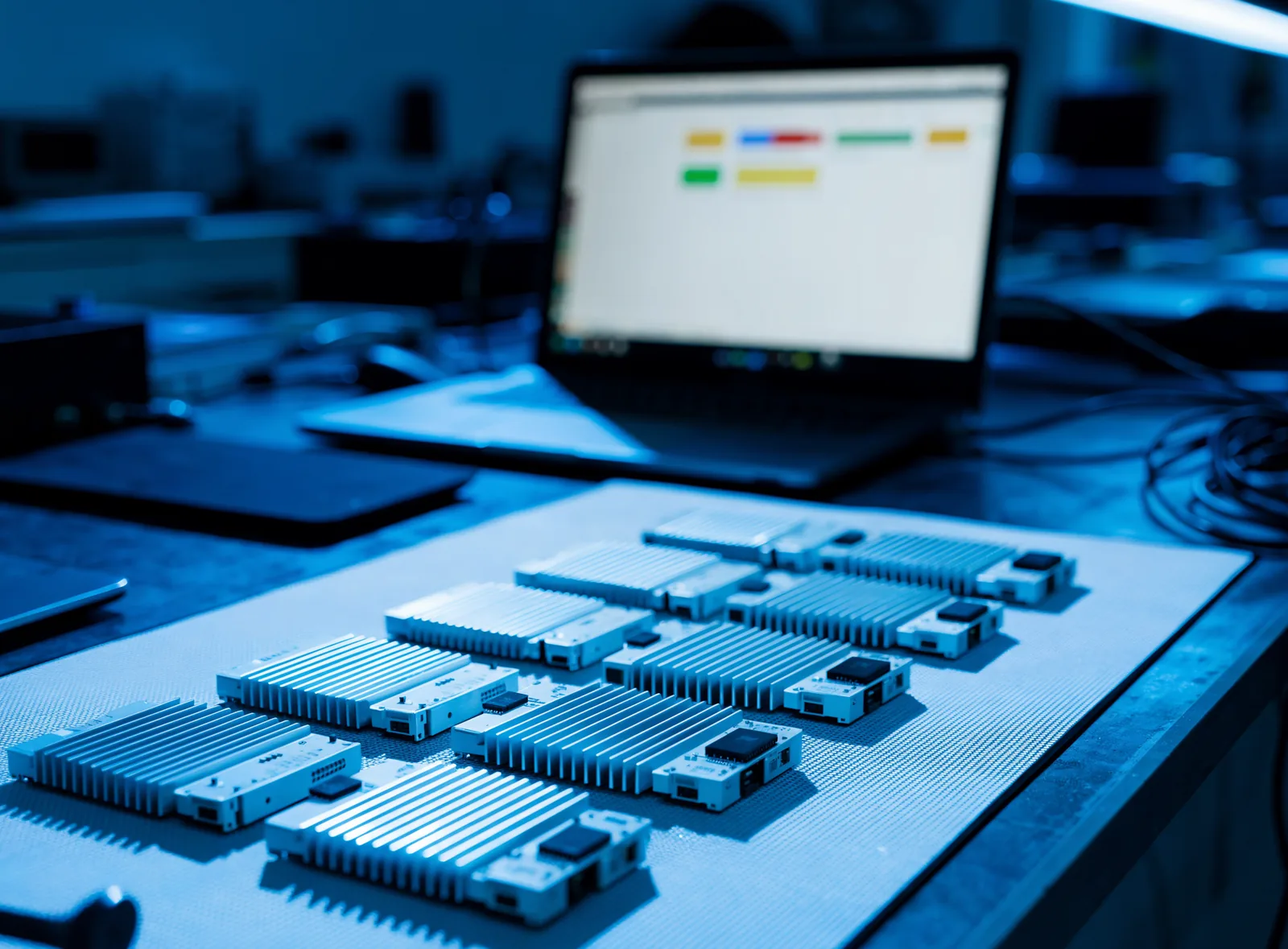 Technician workbench with enterprise solid state drives laid out on an anti static mat beside diagnostic equipment